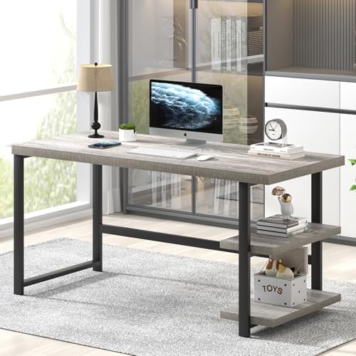 FOLUBAN Computer Desk  Modern Home Office Desk with Storage Shelves  Writing Study Gaming Table for Living Room Bedroom  Rustic Oak  53 Inch