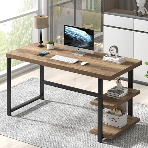 FOLUBAN Computer Desk  Modern Home Office Desk with Storage Shelves  Writing Study Gaming Table for Living Room Bedroom  Rustic Oak  53 Inch