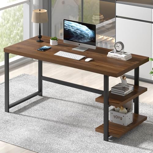 FOLUBAN Modern Computer Desk  Wood Home Office Desk  Study Writing Gaming Table Workstation with Storage Shelves for Living Room Bedroom  Rustic Walnut  53 Inch