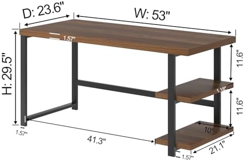 FOLUBAN Modern Computer Desk  Wood Home Office Desk  Study Writing Gaming Table Workstation with Storage Shelves for Living Room Bedroom  Rustic Walnut  53 Inch