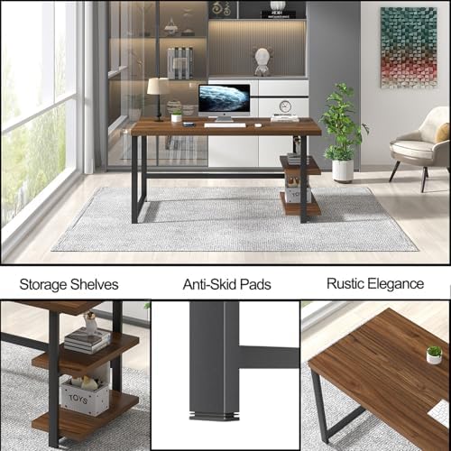 FOLUBAN Modern Computer Desk  Wood Home Office Desk  Study Writing Gaming Table Workstation with Storage Shelves for Living Room Bedroom  Rustic Walnut  53 Inch