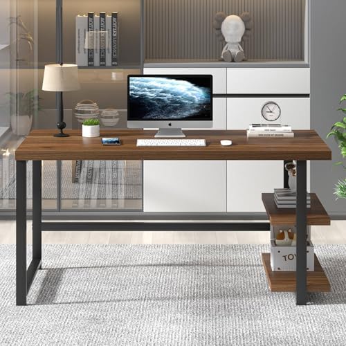 FOLUBAN Modern Computer Desk  Wood Home Office Desk  Study Writing Gaming Table Workstation with Storage Shelves for Living Room Bedroom  Rustic Walnut  53 Inch
