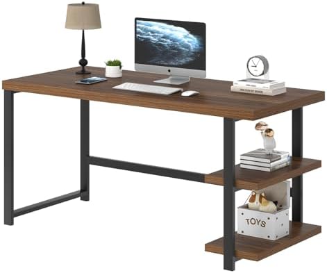FOLUBAN Modern Computer Desk  Wood Home Office Desk  Study Writing Gaming Table Workstation with Storage Shelves for Living Room Bedroom  Rustic Walnut  53 Inch
