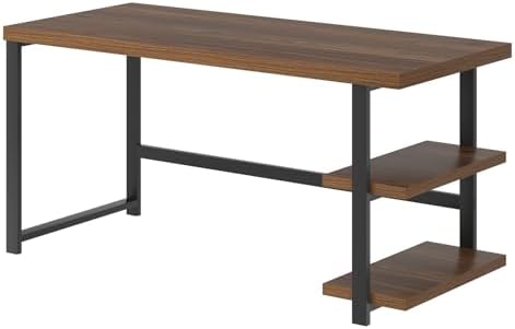 FOLUBAN Modern Computer Desk  Wood Home Office Desk  Study Writing Gaming Table Workstation with Storage Shelves for Living Room Bedroom  Rustic Walnut  53 Inch