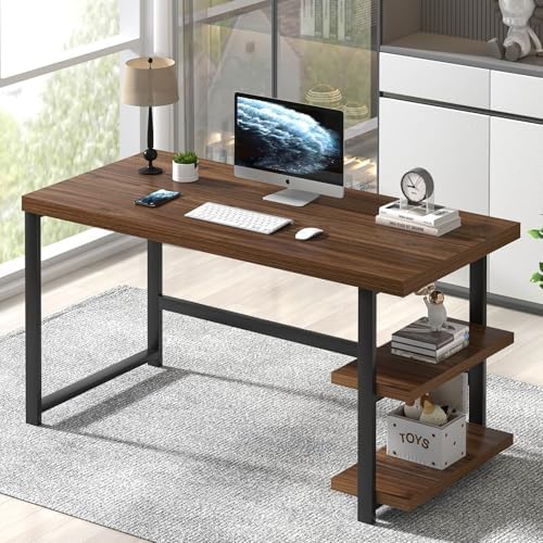 FOLUBAN Modern Computer Desk  Wood Home Office Desk  Study Writing Gaming Table Workstation with Storage Shelves for Living Room Bedroom  Rustic Walnut  53 Inch