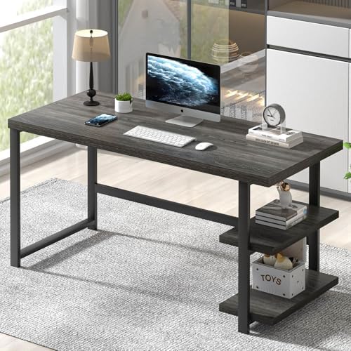 FOLUBAN Modern Computer Desk  Wood Home Office Desk  Study Writing Gaming Table Workstation with Storage Shelves for Living Room Bedroom  Rustic Walnut  53 Inch