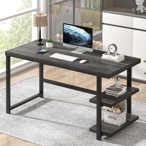 FOLUBAN Modern Computer Desk  Wood Home Office Desk  Study Writing Gaming Table Workstation with Storage Shelves for Living Room Bedroom  Rustic Walnut  53 Inch