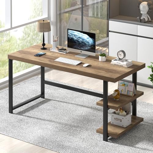 FOLUBAN Modern Computer Desk  Wood Home Office Desk  Study Writing Gaming Table Workstation with Storage Shelves for Living Room Bedroom  Rustic Walnut  53 Inch