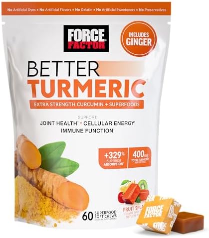 FORCE FACTOR Better Turmeric Supplement 400mg with Black Pepper & Ginger  Extra Strength Joint Support  Superior Absorption  Like Turmeric Gummies  Fruit Splash  60 Turmeric Chews
