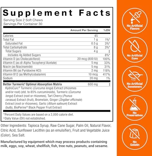 FORCE FACTOR Better Turmeric Supplement 400mg with Black Pepper & Ginger  Extra Strength Joint Support  Superior Absorption  Like Turmeric Gummies  Fruit Splash  60 Turmeric Chews