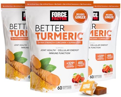 FORCE FACTOR Better Turmeric Supplement 400mg with Black Pepper & Ginger  Extra Strength Joint Support  Superior Absorption  Like Turmeric Gummies  Fruit Splash  60 Turmeric Chews
