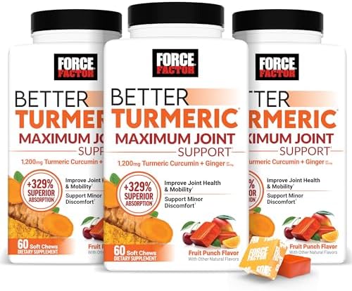 FORCE FACTOR Better Turmeric Supplement 400mg with Black Pepper & Ginger  Extra Strength Joint Support  Superior Absorption  Like Turmeric Gummies  Fruit Splash  60 Turmeric Chews