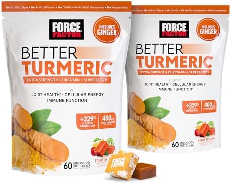 FORCE FACTOR Better Turmeric Supplement 400mg with Black Pepper & Ginger  Extra Strength Joint Support  Superior Absorption  Like Turmeric Gummies  Fruit Splash  60 Turmeric Chews
