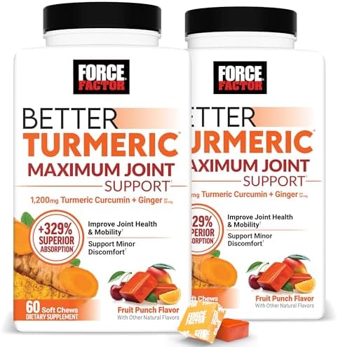FORCE FACTOR Better Turmeric Supplement 400mg with Black Pepper & Ginger  Extra Strength Joint Support  Superior Absorption  Like Turmeric Gummies  Fruit Splash  60 Turmeric Chews