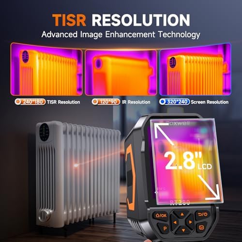 FOXWELL RT280 Cámara de imágenes térmicas, 320 X 240 2.8 "Pantalla LCD Cámara térmica, Resolución TISR 240 x 180, Cámaras infrarrojas de mano 25Hz con láser, análisis de PC, grabación de fotos y video