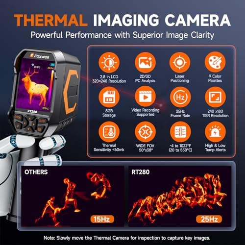 FOXWELL RT280 Cámara de imágenes térmicas, 320 X 240 2.8 "Pantalla LCD Cámara térmica, Resolución TISR 240 x 180, Cámaras infrarrojas de mano 25Hz con láser, análisis de PC, grabación de fotos y video