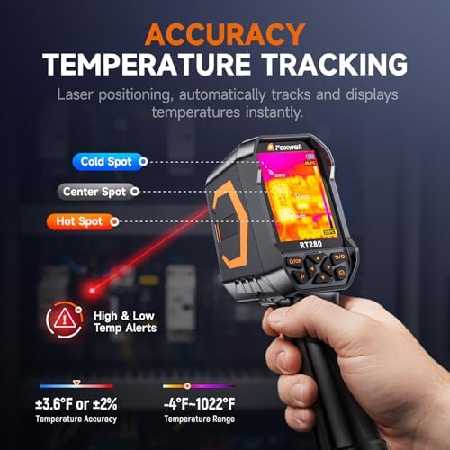 FOXWELL RT280 Cámara de imágenes térmicas, 320 X 240 2.8 "Pantalla LCD Cámara térmica, Resolución TISR 240 x 180, Cámaras infrarrojas de mano 25Hz con láser, análisis de PC, grabación de fotos y video