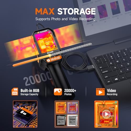 FOXWELL RT280 Cámara de imágenes térmicas, 320 X 240 2.8 "Pantalla LCD Cámara térmica, Resolución TISR 240 x 180, Cámaras infrarrojas de mano 25Hz con láser, análisis de PC, grabación de fotos y video