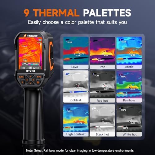 FOXWELL RT280 Cámara de imágenes térmicas, 320 X 240 2.8 "Pantalla LCD Cámara térmica, Resolución TISR 240 x 180, Cámaras infrarrojas de mano 25Hz con láser, análisis de PC, grabación de fotos y video