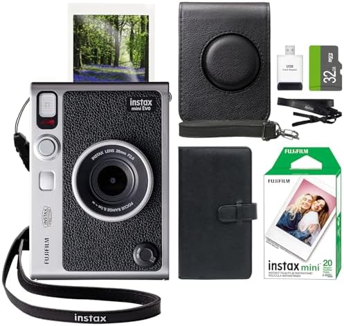 FUJIFILM INSTAX Mini EVO Hybrid Instant Camera Black   Fuji Instax Film 20 Sheet   Custom Case & Album 32GB Micro SD Memory Card Accessory Bundle