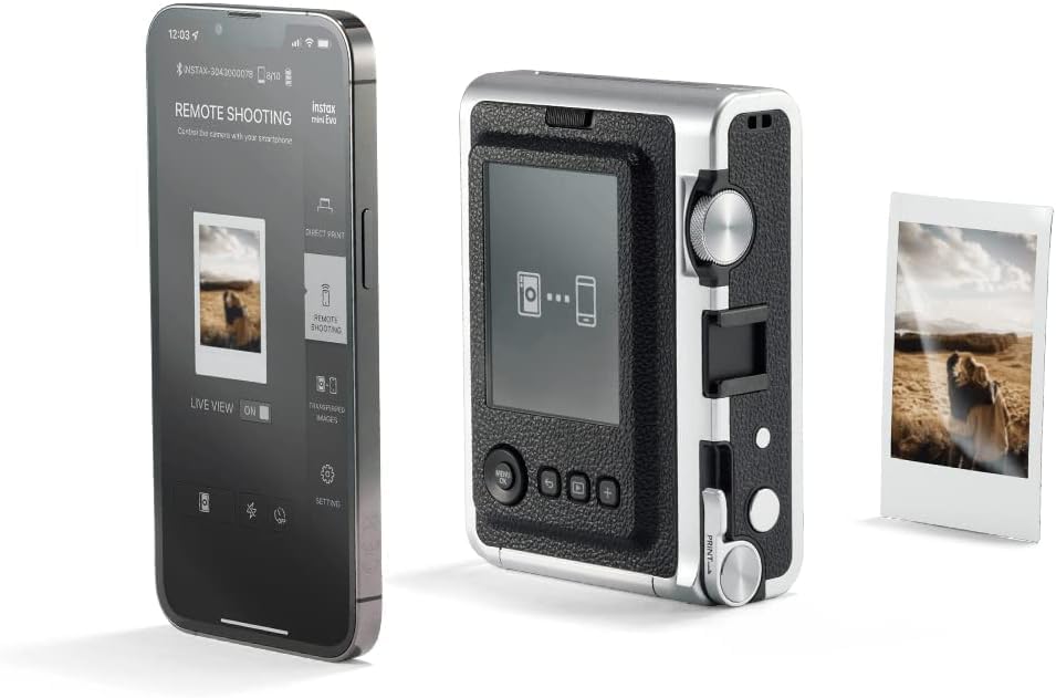 FUJIFILM INSTAX Mini EVO Hybrid Instant Camera Black   Fuji Instax Film 20 Sheet   Custom Case & Album 32GB Micro SD Memory Card Accessory Bundle