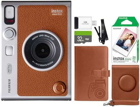 FUJIFILM INSTAX Mini EVO Hybrid Instant Camera Black   Fuji Instax Film 20 Sheet   Custom Case & Album 32GB Micro SD Memory Card Accessory Bundle