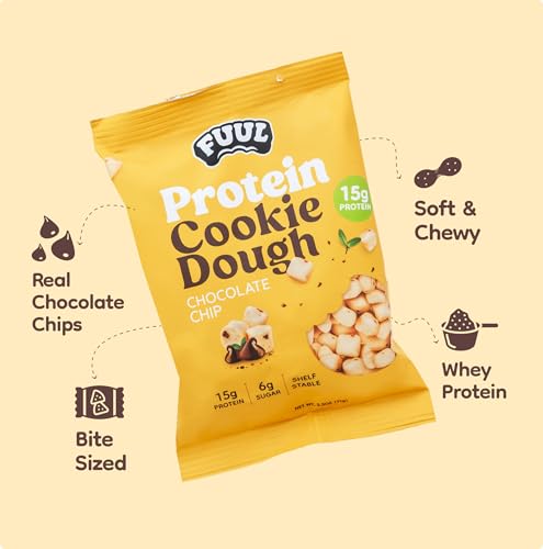 FUUL Protein Cookie Dough  Chocolate Chip Flavor  High Protein Bites  Low Sugar Snacks for Kids & Adults  Pre Workout & Post Workout Snacks  Shelf Stable  15g per Bag  Pack of 8