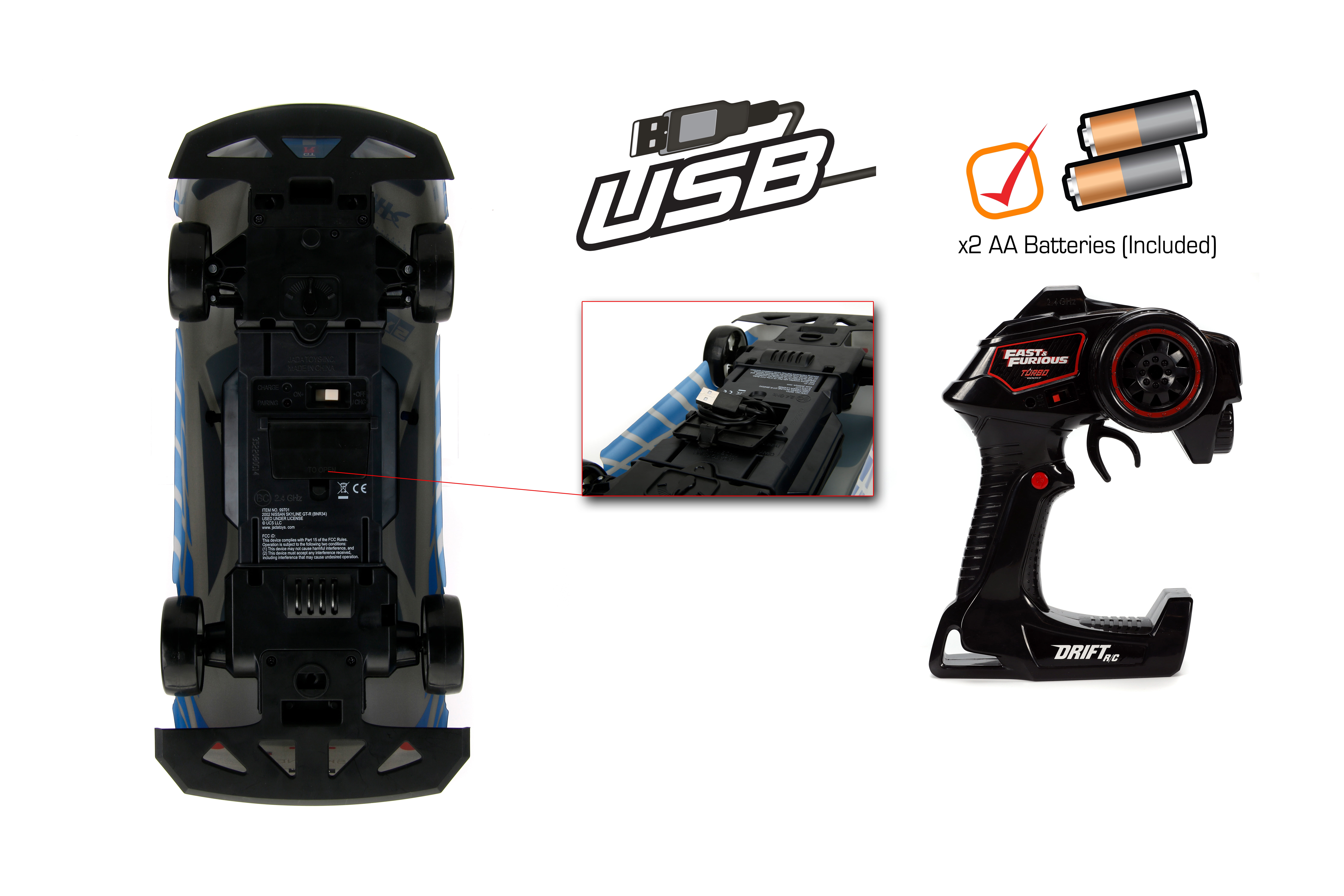 Fast & Furious 1:10 Nissan Skyline GT-R R34 Drift RC Autos con Control por Radio, Plástico, 8+