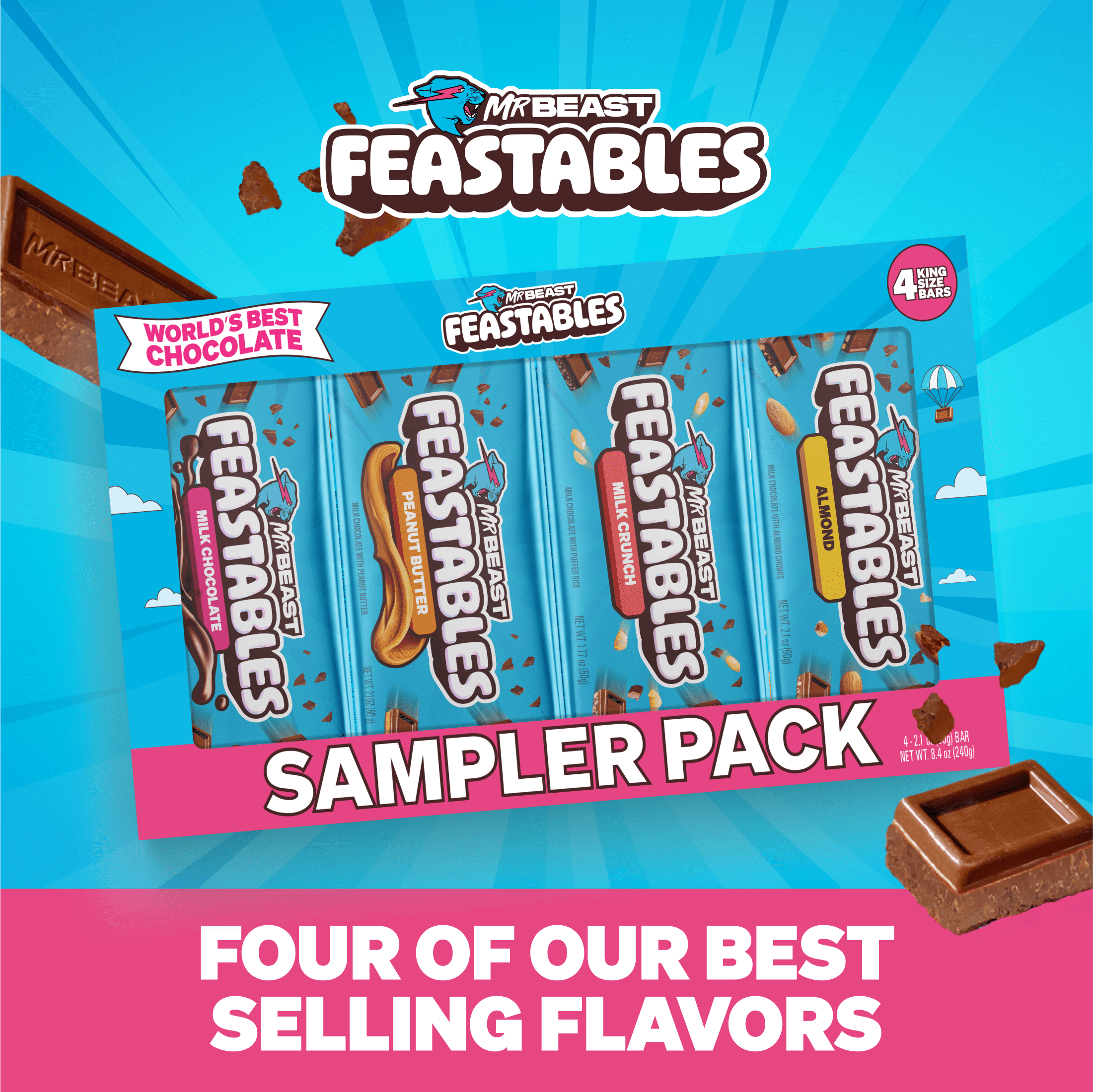 Feastables MrBeast Milk Chocolate Bar Sampler Variety Pack  2 1 oz  60g   4 Count