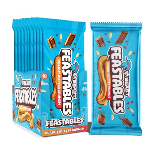 Feastables MrBeast Peanut Butter Milk Chocolate Crunch Chocolate Bar  King Size Bar for Adults & Kids  Candy Bars for Halloween Candy  Snacks  Gifts  or Dessert  Fairtrade Cocoa  2 1 Oz Each  10 Count