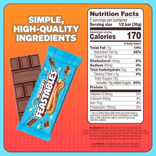 Feastables MrBeast Peanut Butter Milk Chocolate Crunch Chocolate Bar  King Size Bar for Adults & Kids  Candy Bars for Halloween Candy  Snacks  Gifts  or Dessert  Fairtrade Cocoa  2 1 Oz Each  10 Count