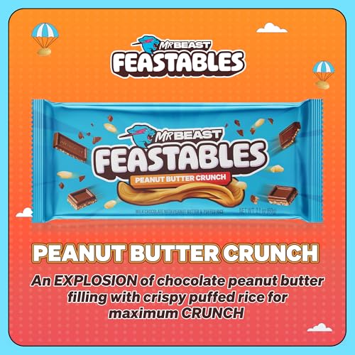 Feastables MrBeast Peanut Butter Milk Chocolate Crunch Chocolate Bar  King Size Bar for Adults & Kids  Candy Bars for Halloween Candy  Snacks  Gifts  or Dessert  Fairtrade Cocoa  2 1 Oz Each  10 Count