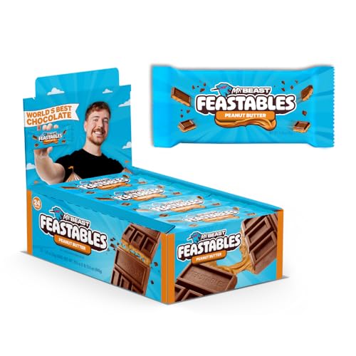 Feastables MrBeast Peanut Butter Milk Chocolate Chocolate Bar  Full Size Bar for Adults & Kids  Candy Bars for Halloween Candy  Snacks  Gifts  & Dessert  Fairtrade Cocoa  1 24 Oz Each  24 Count