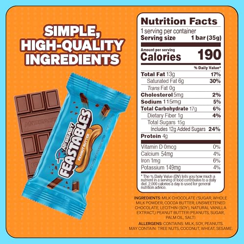 Feastables MrBeast Peanut Butter Milk Chocolate Chocolate Bar  Full Size Bar for Adults & Kids  Candy Bars for Halloween Candy  Snacks  Gifts  & Dessert  Fairtrade Cocoa  1 24 Oz Each  24 Count