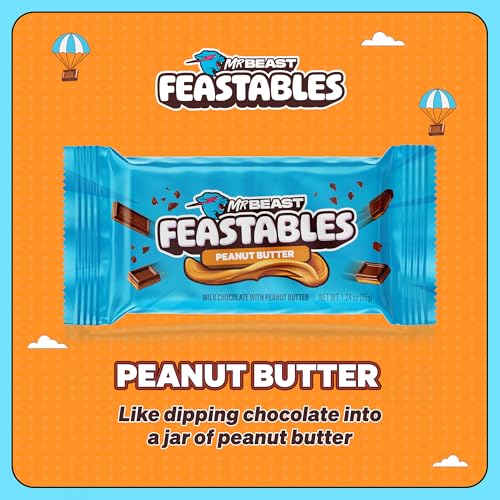 Feastables MrBeast Peanut Butter Milk Chocolate Chocolate Bar  Full Size Bar for Adults & Kids  Candy Bars for Halloween Candy  Snacks  Gifts  & Dessert  Fairtrade Cocoa  1 24 Oz Each  24 Count