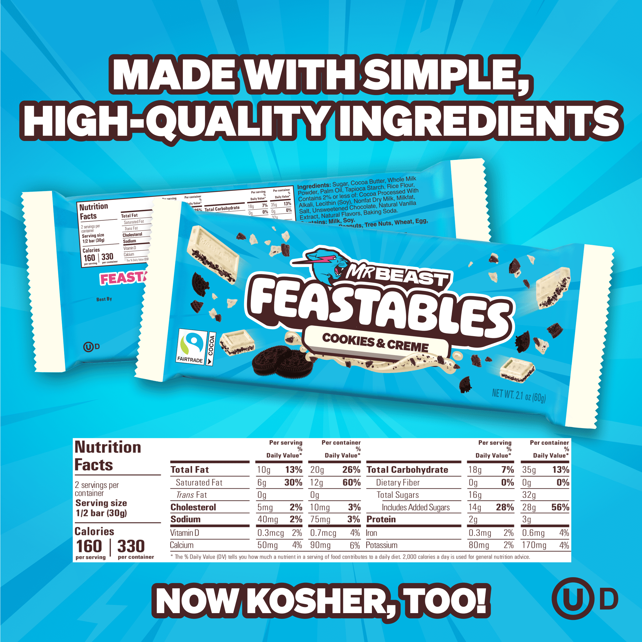 Feastables Mr Beast Barra de Chocolate Blanco con Galletas y Crema  2 1 oz  60g   1 Barra