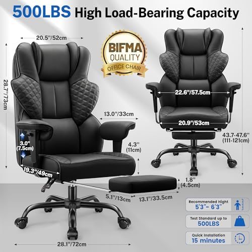 FelixKing Big and Tall Office Chair 500lbs   Ergonomic Desk Chair with Footrest  Scratch Resistant PU Leather Computer Chair  4D Lumbar Support Gaming Chair  Comfy Reclining Swivel Work Chair  Black
