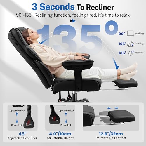 FelixKing Big and Tall Office Chair 500lbs   Ergonomic Desk Chair with Footrest  Scratch Resistant PU Leather Computer Chair  4D Lumbar Support Gaming Chair  Comfy Reclining Swivel Work Chair  Black