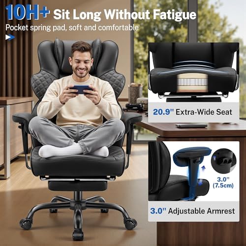 FelixKing Big and Tall Office Chair 500lbs   Ergonomic Desk Chair with Footrest  Scratch Resistant PU Leather Computer Chair  4D Lumbar Support Gaming Chair  Comfy Reclining Swivel Work Chair  Black