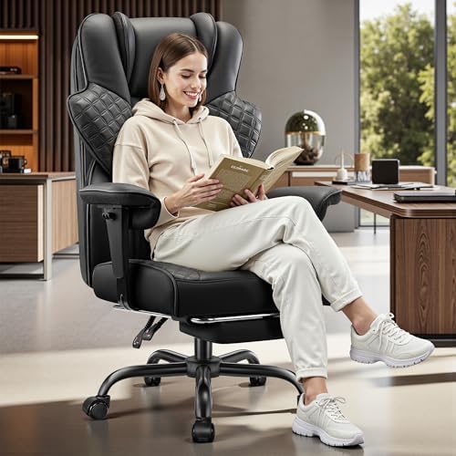 FelixKing Big and Tall Office Chair 500lbs   Ergonomic Desk Chair with Footrest  Scratch Resistant PU Leather Computer Chair  4D Lumbar Support Gaming Chair  Comfy Reclining Swivel Work Chair  Black