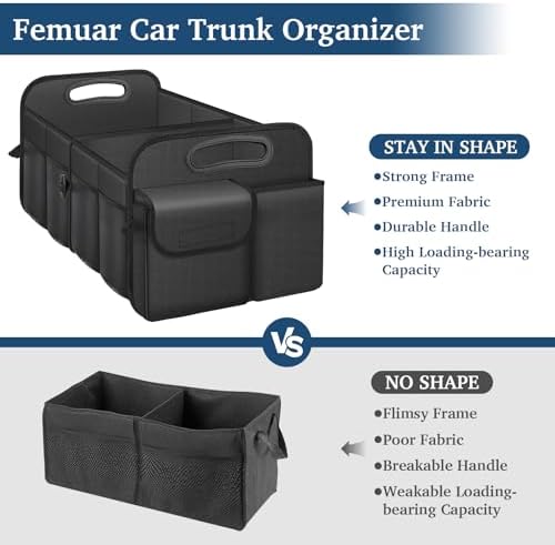 Femuar Car Trunk Organizer with Large Capacity Waterproof Car Accessories for Women & Men  Collapsible Trunk Organizer for Suv/Jeep/Sedan  Black  Standard 