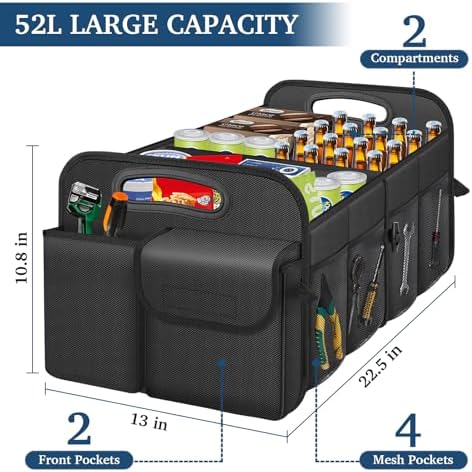 Femuar Car Trunk Organizer with Large Capacity Waterproof Car Accessories for Women & Men  Collapsible Trunk Organizer for Suv/Jeep/Sedan  Black  Standard 