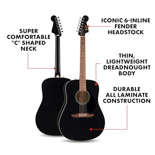 Fender California Debut Redondo Series - Guitarra acústica para principiantes, 2 años de garantía, color negro