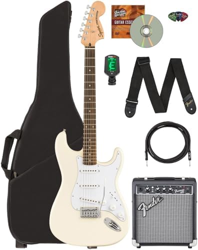 Fender Squier Affinity Stratocaster Limited Edition   Olympic White Bundle with Frontman 10G Amplifier  Gig Bag  Tuner  Instrument Cable  Strap  Picks  and Austin Bazaar Instructional DVD
