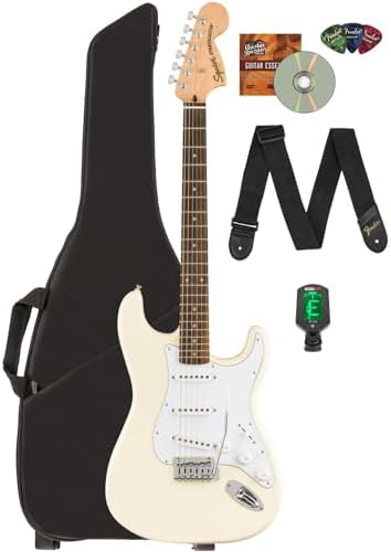 Fender Squier Affinity Stratocaster Limited Edition   Olympic White Bundle with Frontman 10G Amplifier  Gig Bag  Tuner  Instrument Cable  Strap  Picks  and Austin Bazaar Instructional DVD