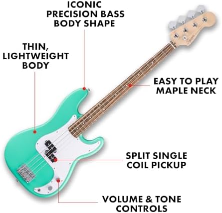 Fender Squier Debut Series Precision Bass Guitar  Beginner Guitar  2 Year Warranty  Includes Free Lessons  Sea Foam Green with Satin Urethane Finish