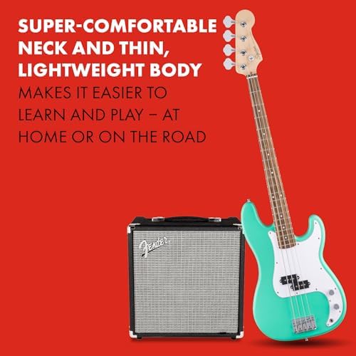 Fender Squier Debut Series Precision Bass Guitar  Beginner Guitar  2 Year Warranty  Includes Free Lessons  Sea Foam Green with Satin Urethane Finish
