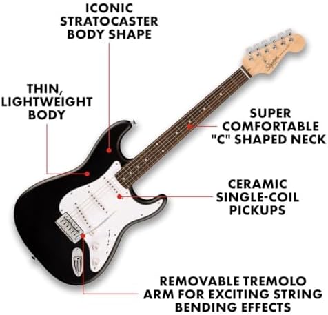 Fender Squier Debut Series Stratocaster Electric Guitar  Beginner Guitar  with 2 Year Warranty  Includes Free Lessons  Black with Matte Finish