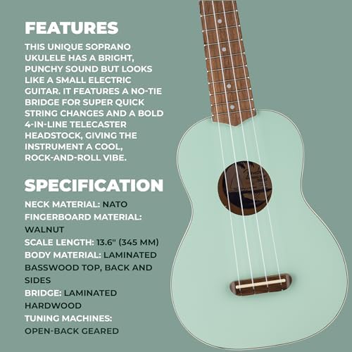 Fender Venice Soprano Ukulele   Surf Green Bundle with Gig Bag  Tuner  and Austin Bazaar Instructional DVD