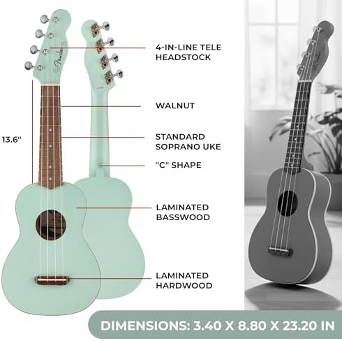 Fender Venice Soprano Ukulele   Surf Green Bundle with Gig Bag  Tuner  and Austin Bazaar Instructional DVD